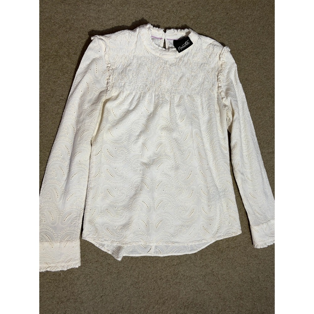 Nanette Lepore Cream Paisley Eyelet Ruffle Smocked Long Sleeve Blouse Small